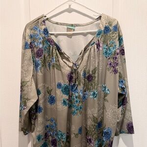 Sara Morgan Floral Boho Blouse 2X Flowy Peasant Top Blue Purple Plus Size